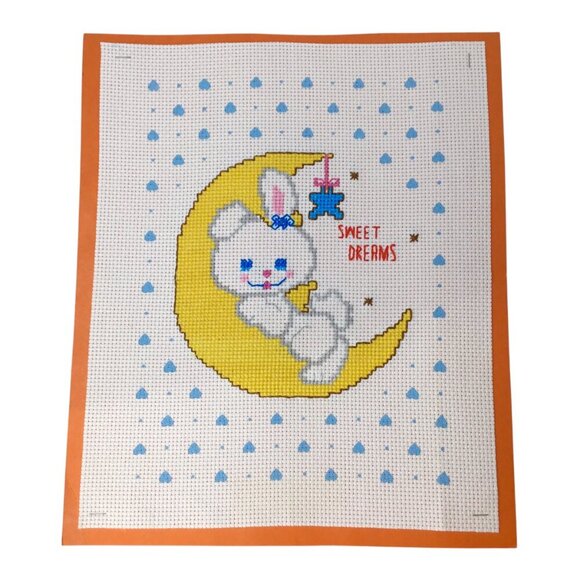 Finished Ready to Frame Cross Stitch Handmade Sweet Dreams Crescent Moon Bunny - Picture 1 of 5